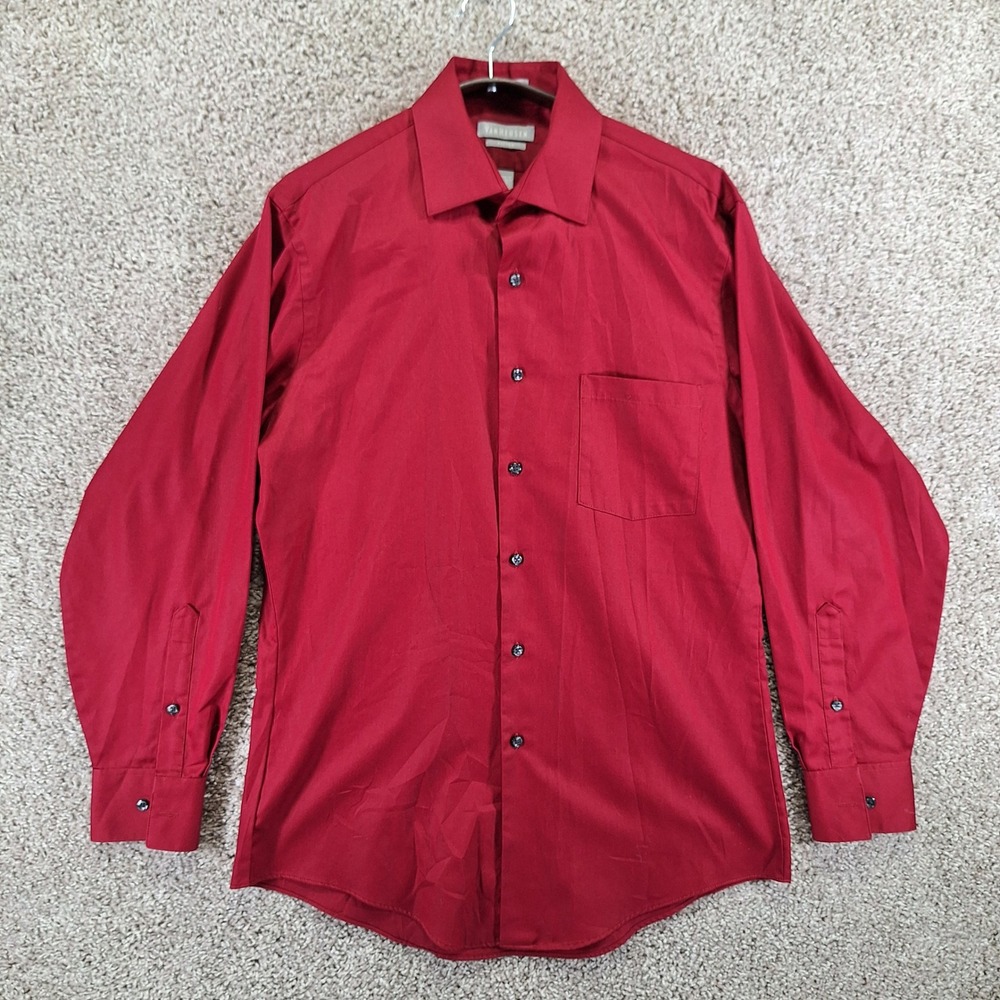 Van Heusen Dress Shirt Mens 15.5 32/33 Red Lux Sateen Fitted Wrinkle Free Office